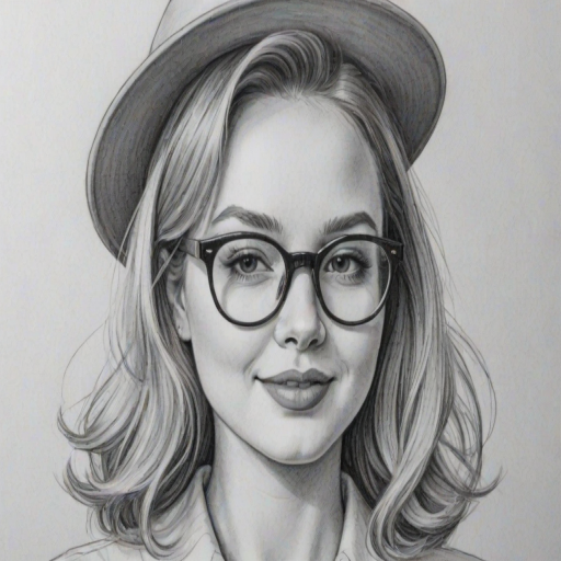 Bewitching Marshmello, pencil sketch, portrait of Beauteous woman 1952s in glasses, hair style beatnik, outline, clear lines, fine lines, 8k