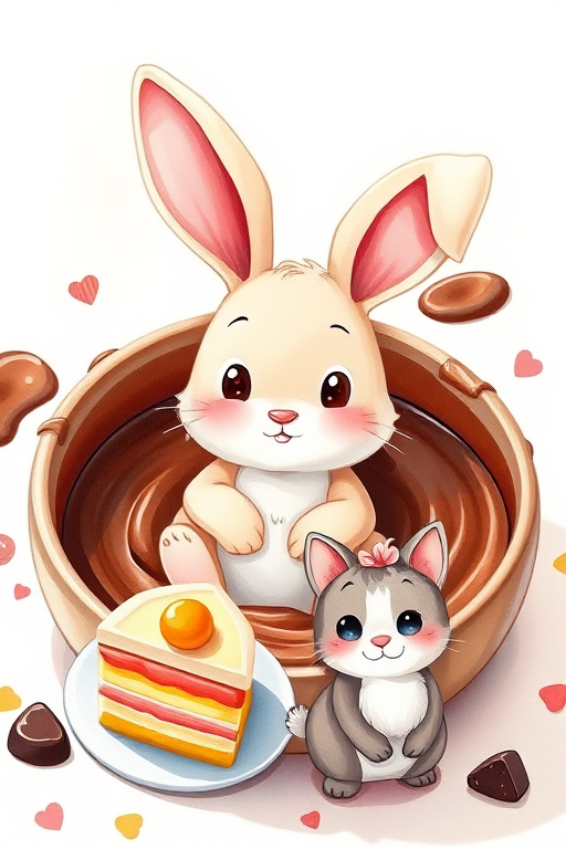 A cute cartoon illustration of a bunny sitting in a large bowl of chocolate, with a small cat next to a colorful cake on a plate, bright and cheerful colors, soft focus, DSLR camera settings: f/2.8, ISO 100, 50mm lens, overhead view, watercolor style.