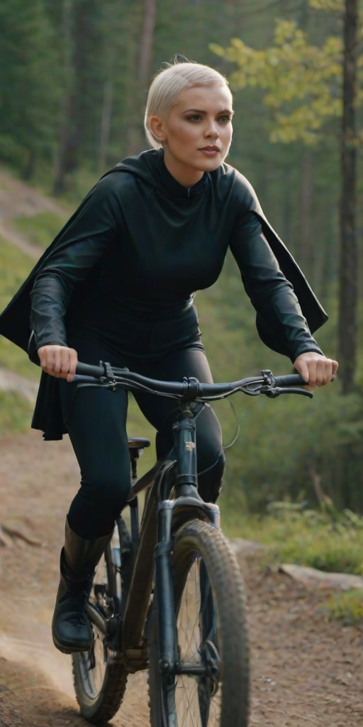 a beautiful woman,Buzz cut,Light blond hair,dressed in a chic cape coat over a bodycon dress and knee-high boots,Ride a mountain bike through a challenging downhill course,bokeh professional 4k highly detailed,Fujichrome Provia 100F,rim light