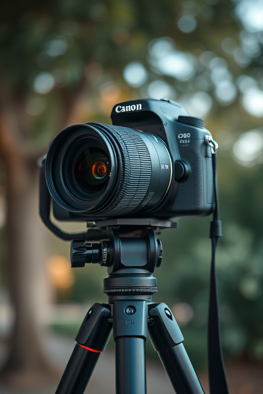 Capture a high-resolution image of a professional DSLR camera mounted on a sturdy tripod with a 50mm lens at f/1.8 aperture, ISO 100, and a shutter speed of 1/60 seconds, using a low-angle shot for dramatic effect, in natural lighting conditions.