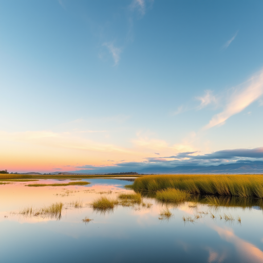 Create an image of a serene landscape at sunrise with soft pastel colors in the sky, featuring a calm lake reflecting the scenery, shot using a Canon EOS R5 with a 24-70mm f/2.8 lens, aperture set to f/8, shutter speed 1/125s, ISO 100, at a low angle perspective for dynamic depth.