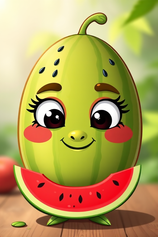 Create a vibrant and playful illustration of a watermelon character with exaggerated facial features, using a digital drawing style, 4K resolution, 35mm lens, f/2.8 aperture, and a soft focus background to enhance the overall image quality.