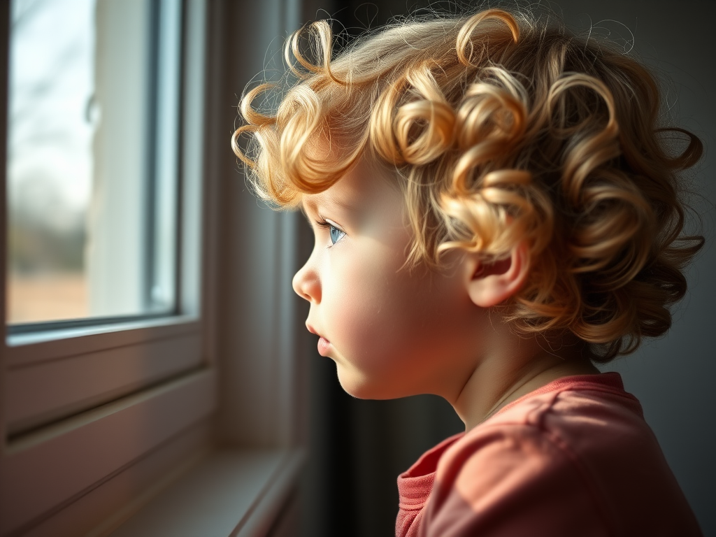 Capture a profile portrait of a child with curly blond hair gazing thoughtfully out of a window, soft natural light illuminating their face, f/1.8 aperture, ISO 200, 85mm lens, shot at eye level with a shallow depth of field to enhance background blur, using a DSLR camera.