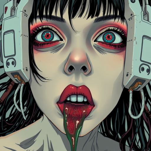 (perspective) of A creepy (ethnicity) zombie cyborg with (descriptive color) skin, (color) lipstick (color) liquid flowing from her eyes and mouth, (perspective two) portrait, (camera angle), extremely detailed, (art style) in the style of Yoshitaka Amano and Tetsuo Hara. --ar 85:128 --style raw --niji 6