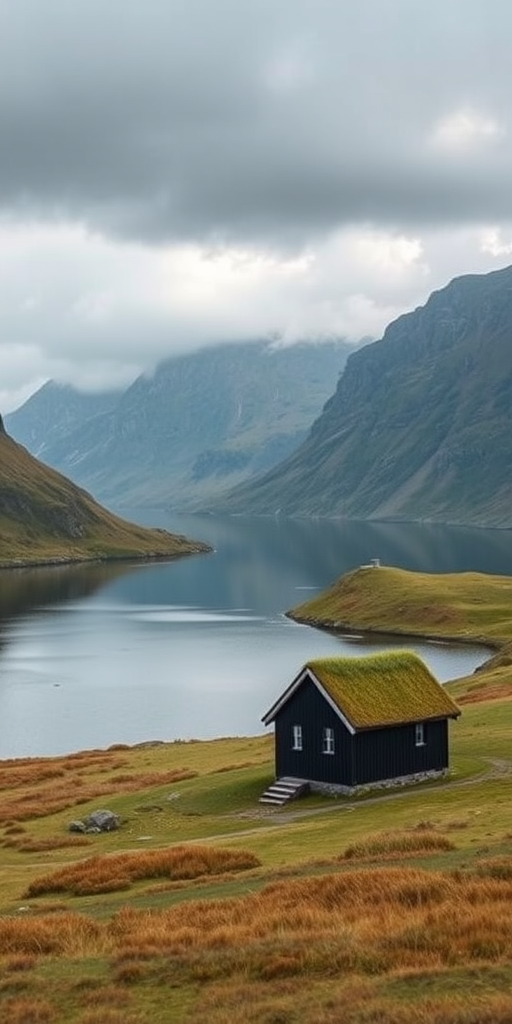 A scenic landscape featuring a small black house with a grass roof situated near a calm fjord surrounded by towering hills, shot with a Canon EOS R5, 24mm lens, f/11 aperture, ISO 100, and a high angle view for depth and clarity.