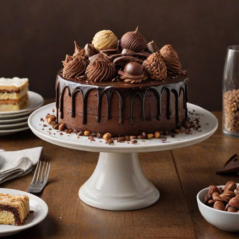 Create an image of a decadent chocolate cake that features a variety of chocolate elements. The cake should be square-shaped with a smooth chocolate ganache finish. Decorate the top with an assortment of chocolate treats, such as chocolate cookies, truffles, and a large chocolate cone. Add some chocolate drizzle cascading down the sides, and sprinkle some decorative elements like nuts and chocolate shavings for an appealing touch. The setting should be bright and inviting, highlighting the cake's rich textures and colors.