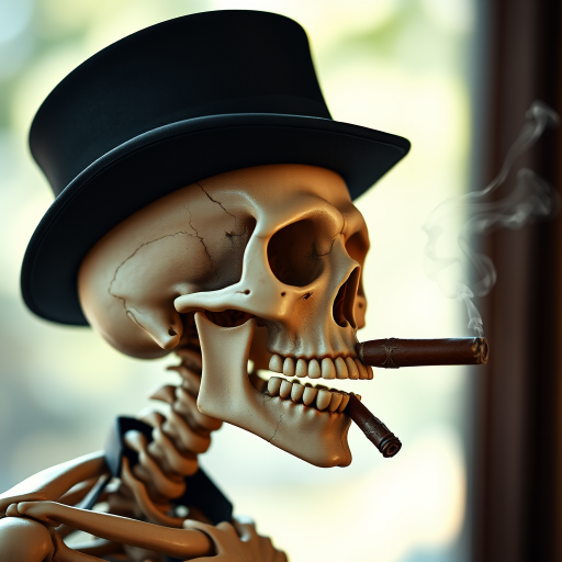 Create a high-resolution digital illustration of a skeleton wearing a top hat and smoking a cigar, using a DSLR camera with a 50mm lens, aperture f/1.8, ISO 100, focus on the skull with a shallow depth of field, shot in soft natural lighting.
