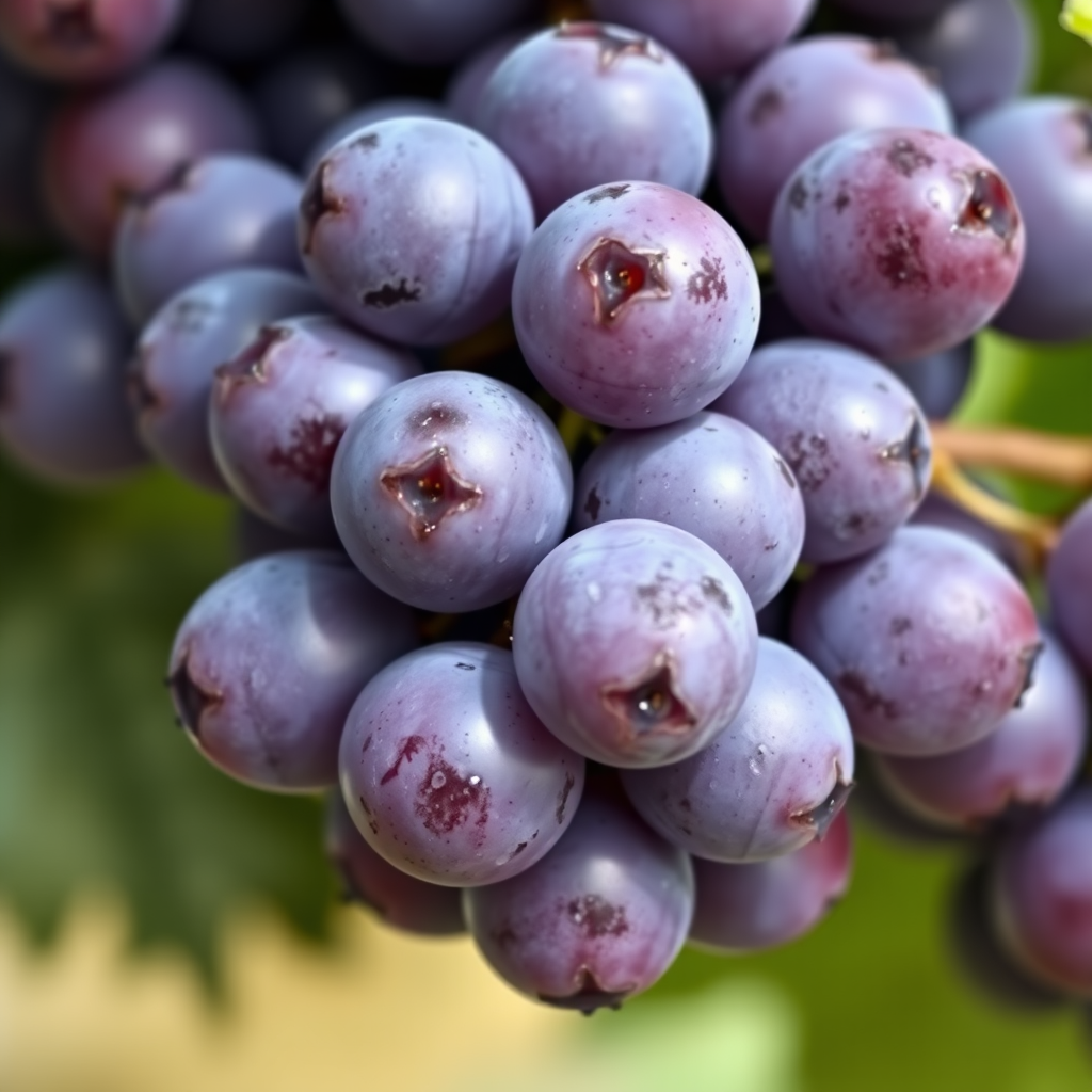 Create a high-resolution illustration of a cluster of purple grapes with a glossy finish, soft focus, captured with a DSLR camera, 50mm lens at f/2.8, ISO 100, natural lighting to enhance colors and textures.