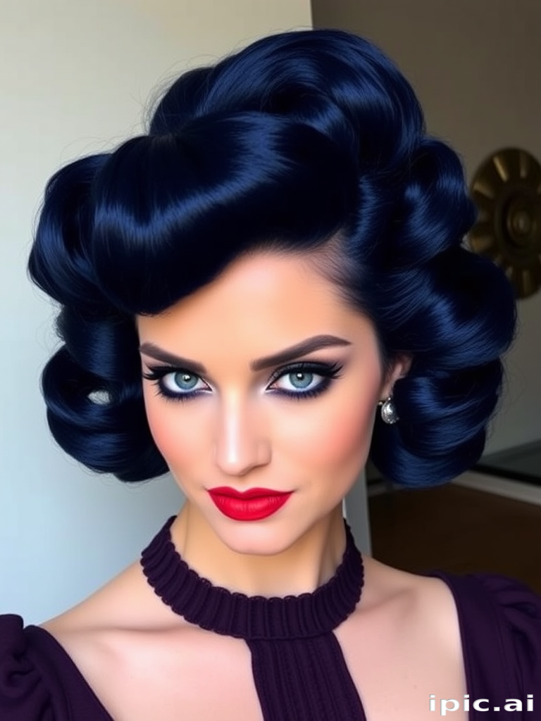 Deep sapphire blue locks styled in a voluminous, retro-inspired bouffant with victory rolls, channeling vintage glamour in the "Midnight Starlet" hairstyle