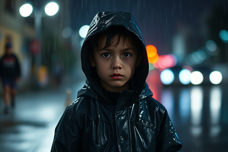 a somber child in a rain-soaked hooded jacket standing in the rain at night, illuminated by soft bokeh street lights in the background, captured with a Canon EOS R5, 50mm lens, f/1.8, ISO 400, shutter speed 1/100s, ambient low light for a moody effect, shallow depth of field to emphasize the subject