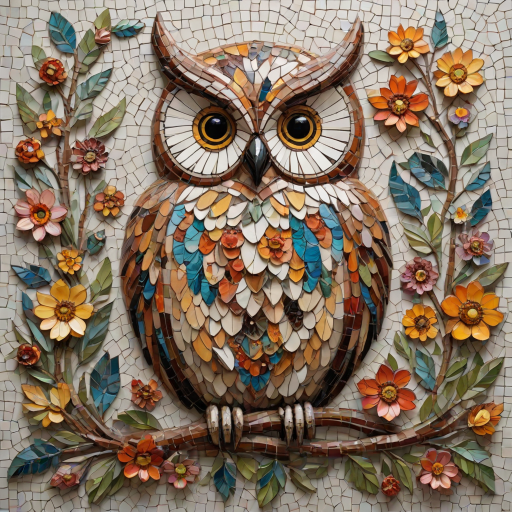 A mosaic of floral owls, one owl intricately composed of individual flower blossoms. The design showcases a delicate balance of nature and form, where the feathers of the owls are replaced by vibrant petals and blooms. The overall appearance is whimsical yet detailed, with each floral element contributing to the intricate patterns of the owl’s body. The artwork embraces a raw, organic style, with natural hues and soft textures, creating a harmonious blend of flora and fauna. The mosaic arrangement adds depth and visual intrigue to the piece, evoking a sense of wonder and artistic beauty.