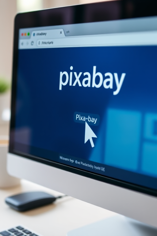 Create a high-resolution image of a computer screen displaying the Pixabay website with a cursor pointing at the URL, using a Canon EOS 5D Mark IV camera, 50mm lens, f/1.8 aperture, ISO 100, and natural lighting for enhanced clarity and detail.