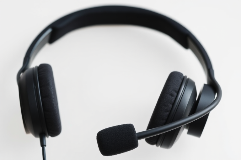 A high-resolution image of a black headset with a microphone on a transparent background, captured with a Canon EOS R5 at f/2.8, ISO 100, 1/250 sec, in a studio setting with soft, even lighting for clarity and detail.