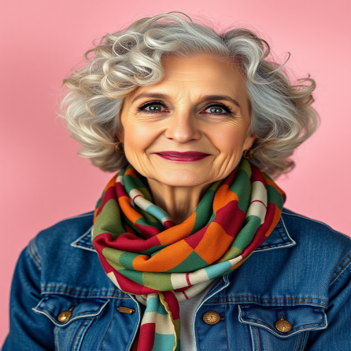 Create a portrait of an elegant older woman with silver curly hair wearing a colorful scarf and denim jacket, captured in soft natural light with a 50mm lens at f/1.8, ISO 100, in a studio setting with a soft pink background.