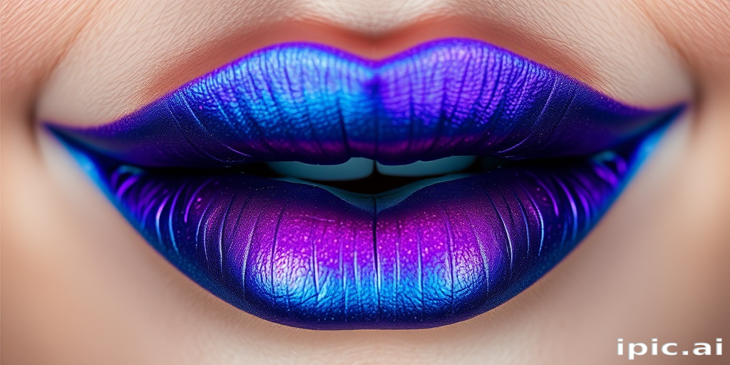 Duochrome teal-to-purple lips mesmerize in the "Mermaid's Kiss" design, featuring a unique color-shifting effect that transforms from a deep teal base to a shimmering purple depending on the light and viewing angle, creating a captivating and otherworldly lip look that's perfect for fantasy-themed events or creative editorial shoots
