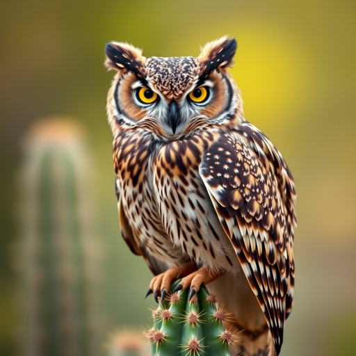 Generate an image of a majestic owl perched on a cactus. The owl should have striking yellow eyes and intricate feather patterns, showcasing a mix of browns and whites. The background should be softly blurred to emphasize the owl, capturing a bright and natural setting.
