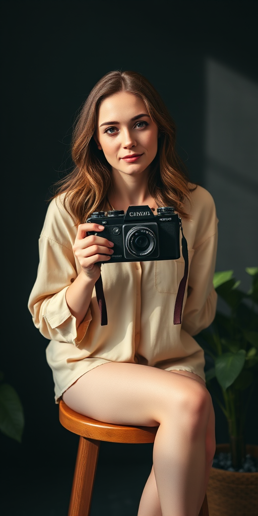 create a vintage-style portrait of a woman holding a vintage film camera while sitting on a stool, with a dark background and a plant, using a DSLR camera with a 50mm lens, aperture f/1.8, ISO 200, shooting in natural light for soft shadows and enhanced color depth
