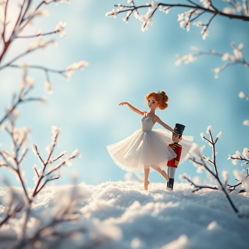 Create a whimsical winter scene featuring an animated ballerina dancing with a toy soldier among delicate frosty branches against a dreamy blue background, using a Canon EOS R5 camera, 85mm lens, f/1.8 aperture, ISO 200, shutter speed 1/125s, soft focus style.