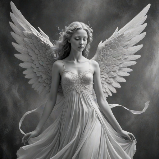 An angel, crafted in the unique style of Folk Art, as she unfolds herself against an ethereal backdrop, her wings softly billowing, face radiating a heavenly glow, every curl in her strikingly serene countenance finely brushed, monochrome, detailed techniques, ultra fine, breathtaking surreal masterpiece