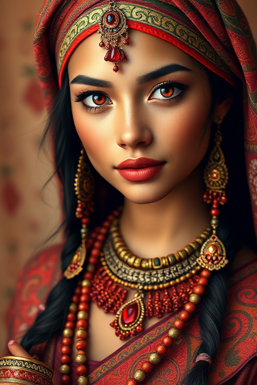 Create a portrait of a beautiful Polynesian woman with striking red eyes and a gentle expression. She is adorned in traditional attire with intricate patterns, including a richly embroidered headscarf and matching garments. Her jewelry includes a delicate headpiece, dangling earrings, and ornate bracelets, all featuring vibrant gemstones and detailed metalwork. The background is soft and warm, enhancing the rich colors of her outfit and jewelry.