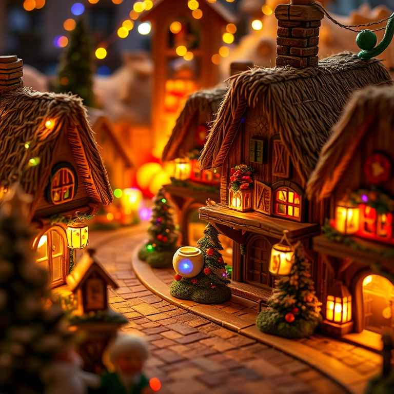 A whimsical village scene during the holiday season featuring cozy thatched-roof houses adorned with colorful lights and decorations surrounded by small trees and glowing lanterns creating a warm and enchanting atmosphere with a soft focus effect.