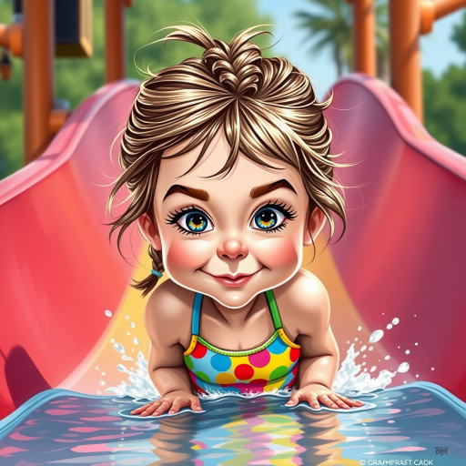 A sassy caricature toddler girl with medium highlighted hair in a messy braid, light eyes, fluffy long lashes, silly funny faces, wearing a colorful swimsuit, going down a waterslide face first, lots of water, created in highlighted chalk style, vibrant colors, background is a park with acrylic paint, airbrush