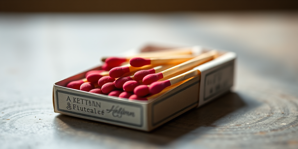 Create a realistic image of a matchbox with matches, using a macro lens, 50mm focal length, f/2.8 aperture, natural light, and a slight overhead shot to enhance detail and texture.