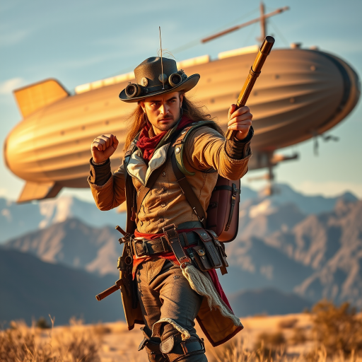 Steampunk adventurer with intricate outfit, holding a weapon, in a dynamic pose against a backdrop of a grand airship and mountains, golden hour lighting, 50mm lens, f/1.8 aperture, ISO 100, wide-angle shot, DSLR camera, high-resolution setting.
