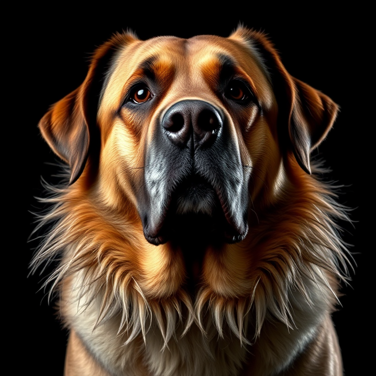 Regenerate an image of a large dog with a prominent fur collar against a black background, using a Canon EOS 5D Mark IV, aperture f/1.8, ISO 100, 85mm focal length, portrait view, high contrast lighting.