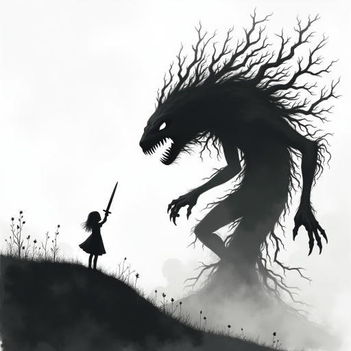 Fight your fears illustration of black and white minimalist of a little girl standing on a hill, raising a sword in hand, she is facing a large menacing creature with large head, sharp teeth and sharp claws, its body is made of vines and roots. The background is a cloudy sky with a hint of smoke or fog. The overall mood of the image is dark and eerie.