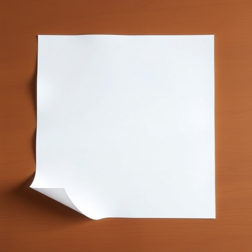 Create a high-resolution image of a blank sheet of paper with a subtle curl at the corner, using a DSLR camera with a 50mm lens, aperture set to f/2.8, shutter speed 1/125, and ISO 100, shot from a top-down view with natural soft lighting for even illumination.