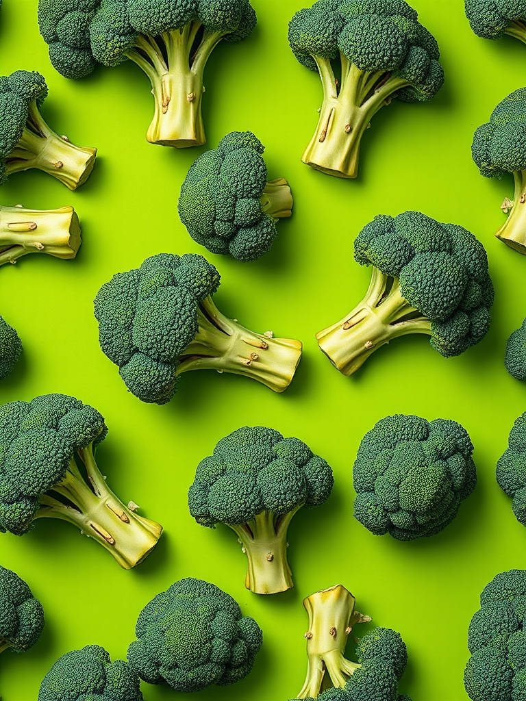 create a seamless pattern of hand-drawn broccoli on a vibrant green background, using a Canon EOS 90D camera with a 50mm f/1.8 lens, aperture set to f/2.8, ISO 100, natural lighting, top-down view, vibrant colors and sharp details