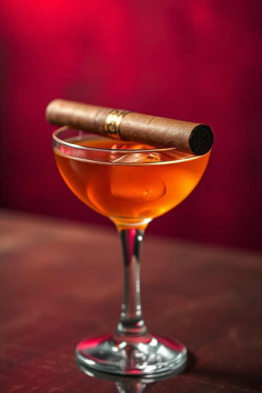 Create an ultra-realistic image of a cocktail with a cigar resting on the rim, using a shallow depth of field, aperture f/1.8, ISO 100, 50mm lens, in a soft, ambient lighting setting with a blurred red textured background.
