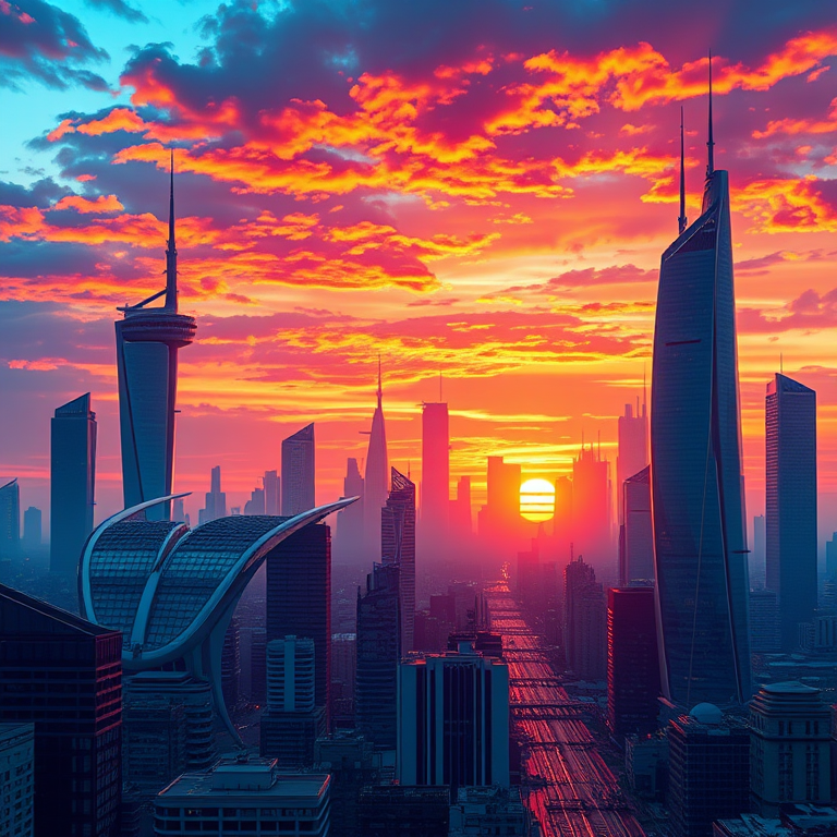 Create a highly detailed digital illustration of a futuristic city skyline at sunset with vibrant colors, using a Canon EOS R5 camera, 24mm lens, f/8 aperture, ISO 100, and a wide-angle view for enhanced depth and clarity.