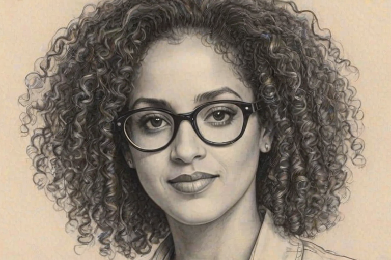 Enticing Karyn Parsons, pencil sketch, portrait of Delightful woman 1972s in glasses, hair style beatnik, outline, clear lines, fine lines, 8k