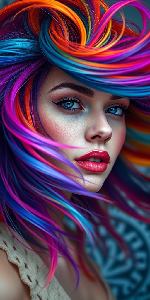 Create a vibrant and surreal portrait of a woman with multicolored hair flowing dramatically, using a shallow depth of field, 50mm lens, f/1.8 aperture, soft lighting, and an artistic style resembling digital painting with intricate background designs.