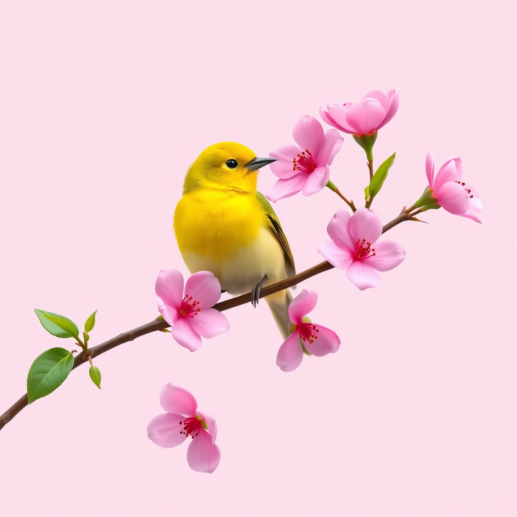 Create a vibrant illustration of a yellow bird perched on a floral branch with pink flowers against a soft pink background, using a Canon EOS R5 with a 85mm f/1.2 lens, aperture set to f/2.8, and a shallow depth of field for a clean, professional look.