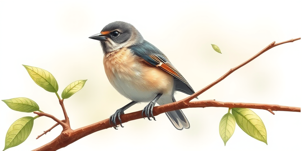 A detailed illustration of a bird perched on a branch, using a DSLR camera with a 50mm lens, f/1.8 aperture, ISO 100, shot from a slightly elevated angle, natural light, high resolution.