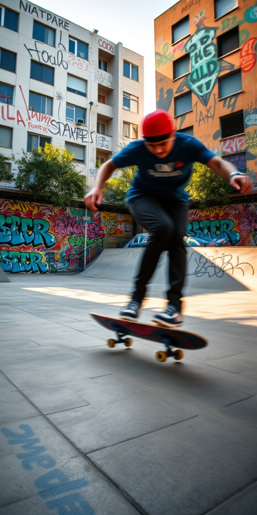 Blurry action shot of a skateboarder performing tricks in a vibrant urban skate park, with graffiti-covered walls and soft sunlight illuminating the scene.