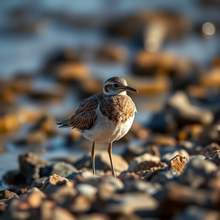 capture a close-up of a bird standing on a rocky shoreline near water, natural light, shallow depth of field, ISO 200, f/4, 1/250s, DSLR camera, 50mm lens, soft focus background