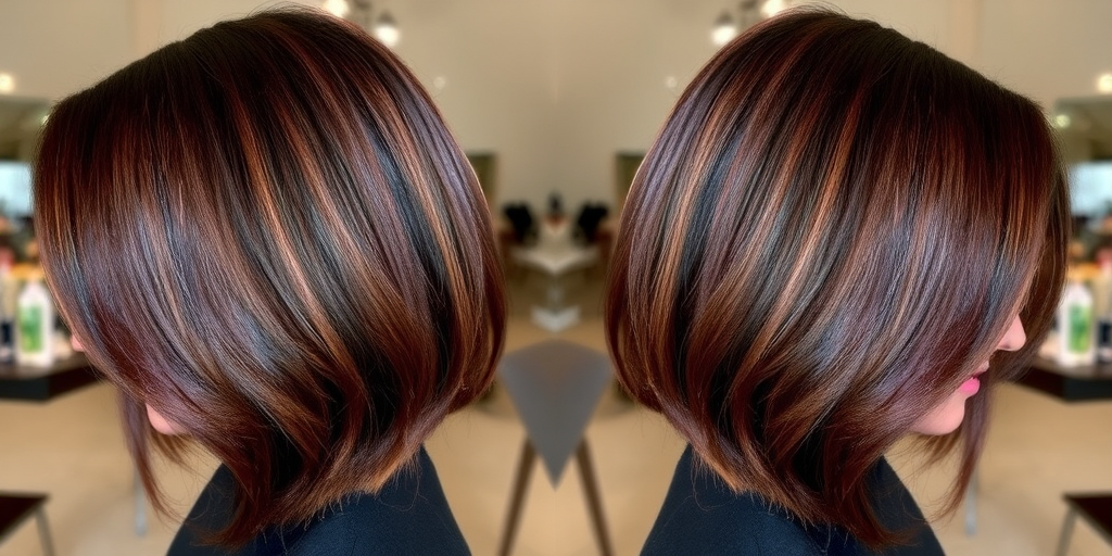 Rich chocolate brown lob with caramel highlights and a deep side part, styled in sleek straight strands with a glossy finish for a polished and professional look