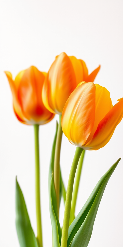 Generate a vibrant watercolor illustration of three tulips in various shades of orange and yellow, captured with a Canon EOS R5 at f/2.8, ISO 100, with a macro lens from a low angle to accentuate their details against a soft gradient background.