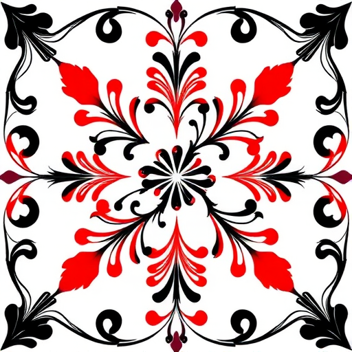 Create an intricate and elegant floral design with swirling patterns in shades of red and black, captured with a DSLR camera at f/2.8 aperture, 50mm lens, shot at a 45-degree angle to highlight depth and detail, using soft diffused lighting for a smooth gradient effect.