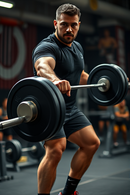 detailed edges, detailed image, perfection style, A detailed and A perfect photo of a man is lifting a barbell in a competition, hand focus, cinematic hand, best hand, better hand, awesome hand, different hand, solo, looking at viewer, short hair, shirt, black hair, 1boy, full body, male focus, thighs, shoes, shorts, socks, artist name, black shirt, muscular, facial hair, black shorts, pectorals, muscular male, red footwear, bara, large pectorals, bulge, realistic, very short hair, chest hair, leg hair, arm hair, exercise, hairy, nike, gym, dumbbell, weightlifting, perfection, different color, perfect color, realistic, realism, detailed background, perfect background, different background, perfect style, perfection style, detailed style, thick thighs, sneakers, mature male, sideburns, buzz cut, nike (company)
