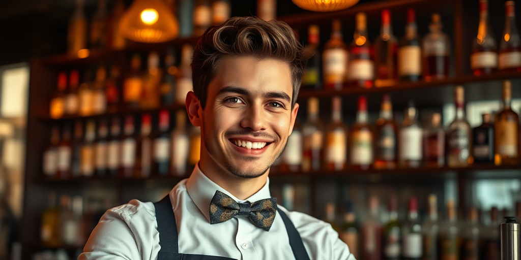 Create an image of a young male bartender with a charming smile and stylish appearance, wearing a bow tie and formal attire, in a well-lit bar setting with shelves of liquor in the background, captured with a Canon EOS R5, 50mm lens, f/1.8, ISO 100, with soft bokeh and warm lighting to enhance the inviting atmosphere.