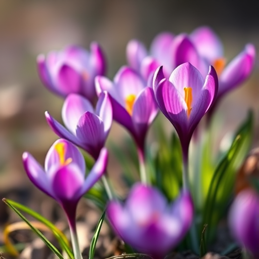 create a close-up photograph of vibrant purple crocus flowers in soft natural light with a shallow depth of field, aperture f/2.8, ISO 100, 50mm lens, using a DSLR camera with a macro setting to enhance image quality and detail