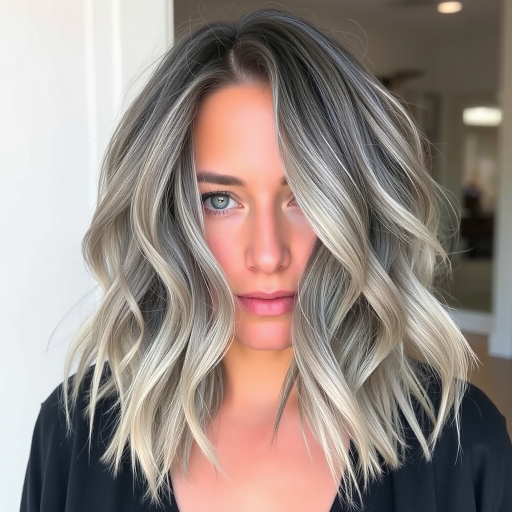 Ash grey lob with a deep side part and beachy waves, named "Smoky Quartz," boasting a lived-in texture and subtle silver babylights framing the face