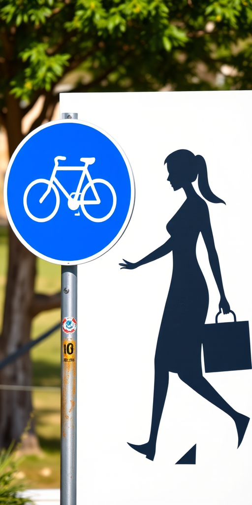 Create an image of a blue circular sign with a bicycle icon on the left side and a stylized figure of a woman holding a child's hand on the right side, captured with a DSLR camera at f/8 aperture, 1/250 shutter speed, ISO 100, in a bright outdoor setting.