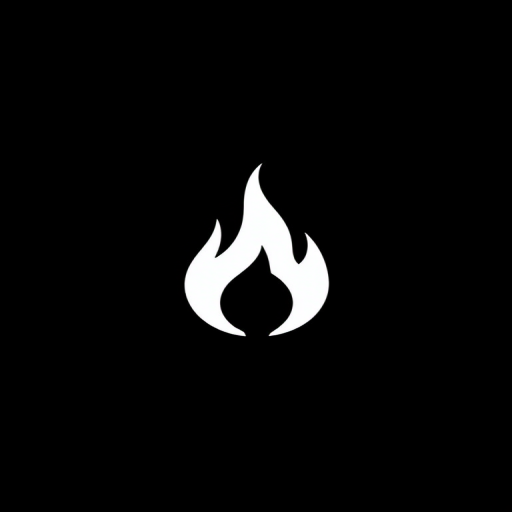 Generate a high-resolution image of a stylized flame logo centered within a circular frame, with a matte black background, using a Canon EOS R5 camera, 50mm lens at f/1.8, ISO 100, with soft natural lighting and a slight vignette effect for depth.