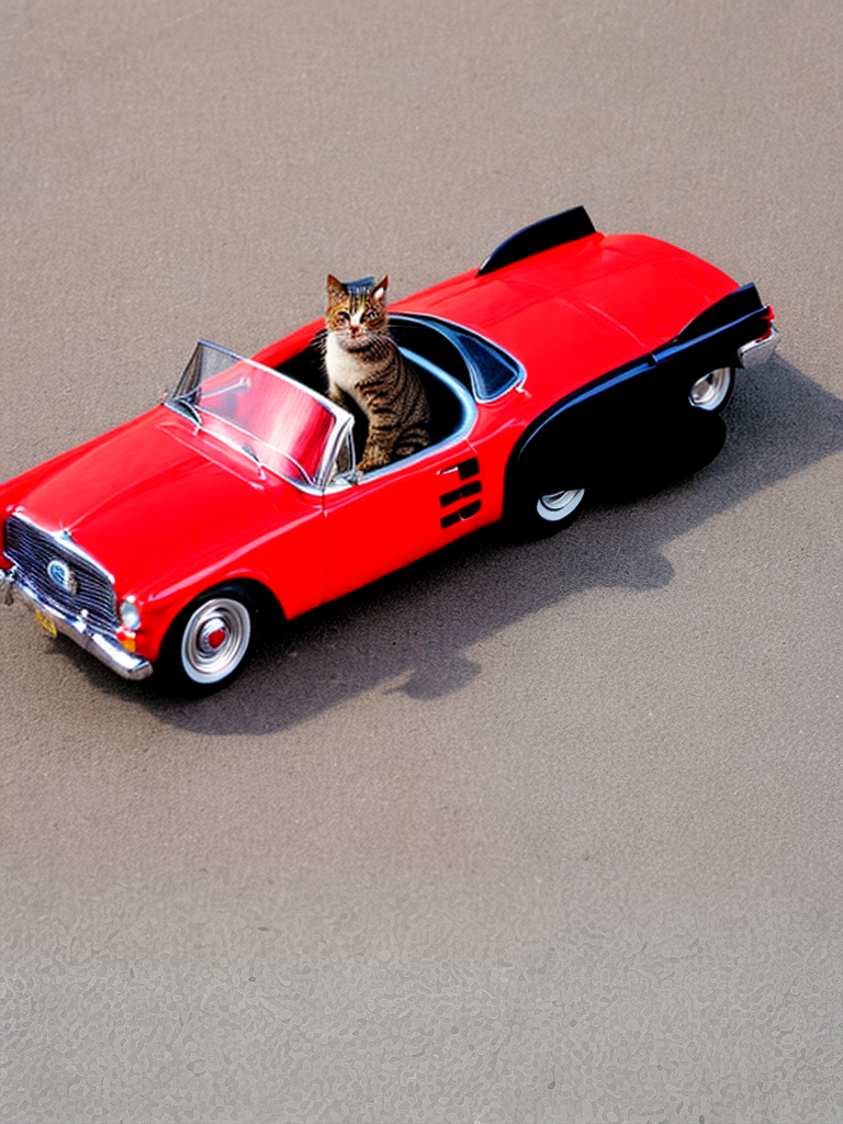 cat driving a red toy car